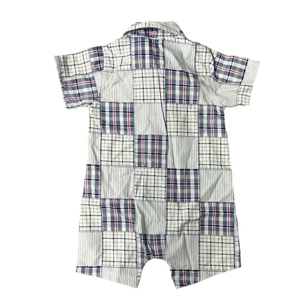 U.S. Polo Assn. 6-9m Patriotic Madras Plaid Romper & Hat